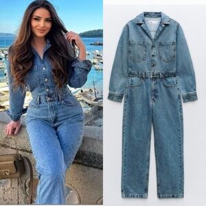 Zara | Long Sleeve Medium Wash Denim Jumpsuit
